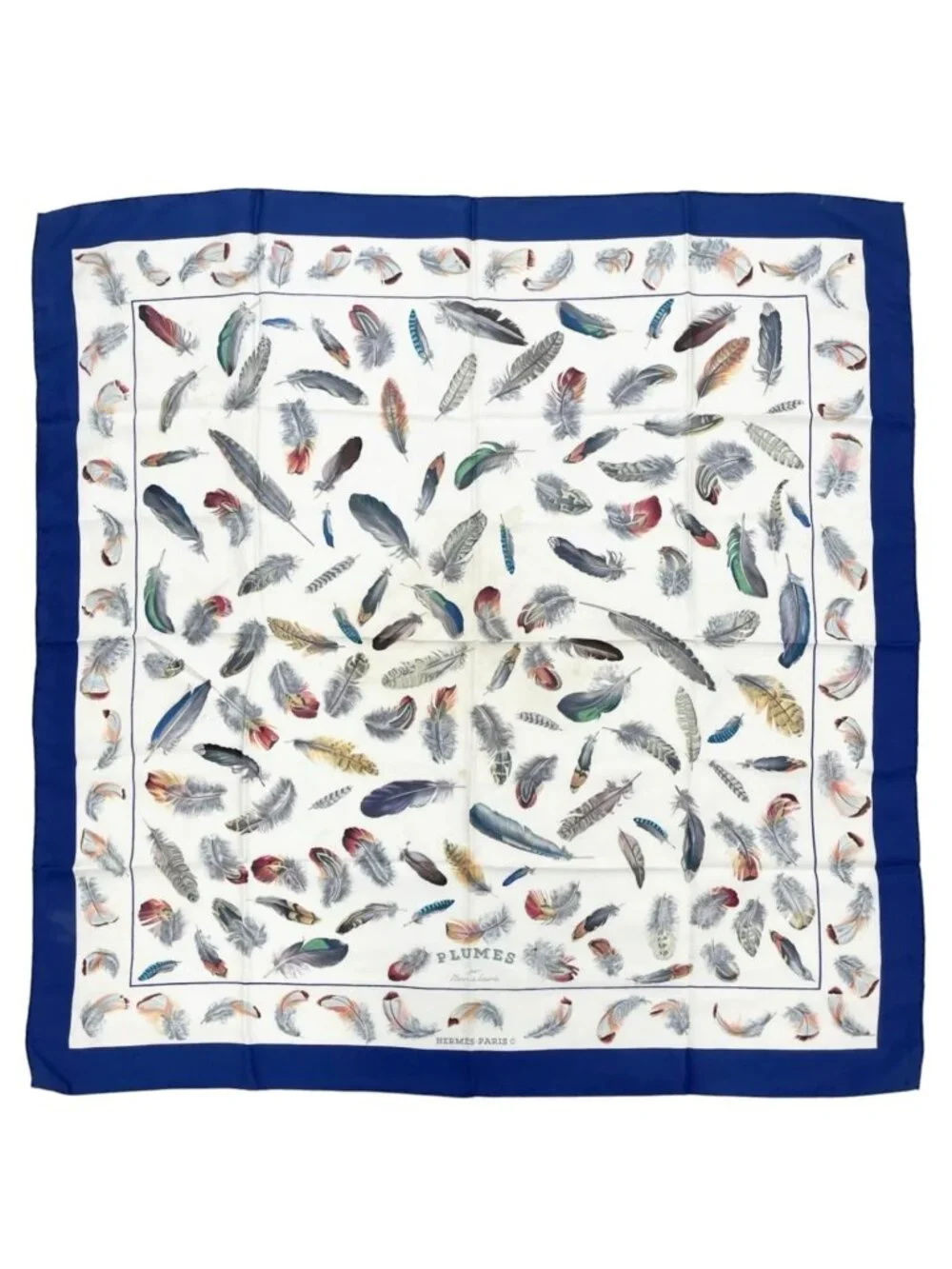 Hermes Carre 90 Plumes Scarf Silk Blue Feather Pattern
